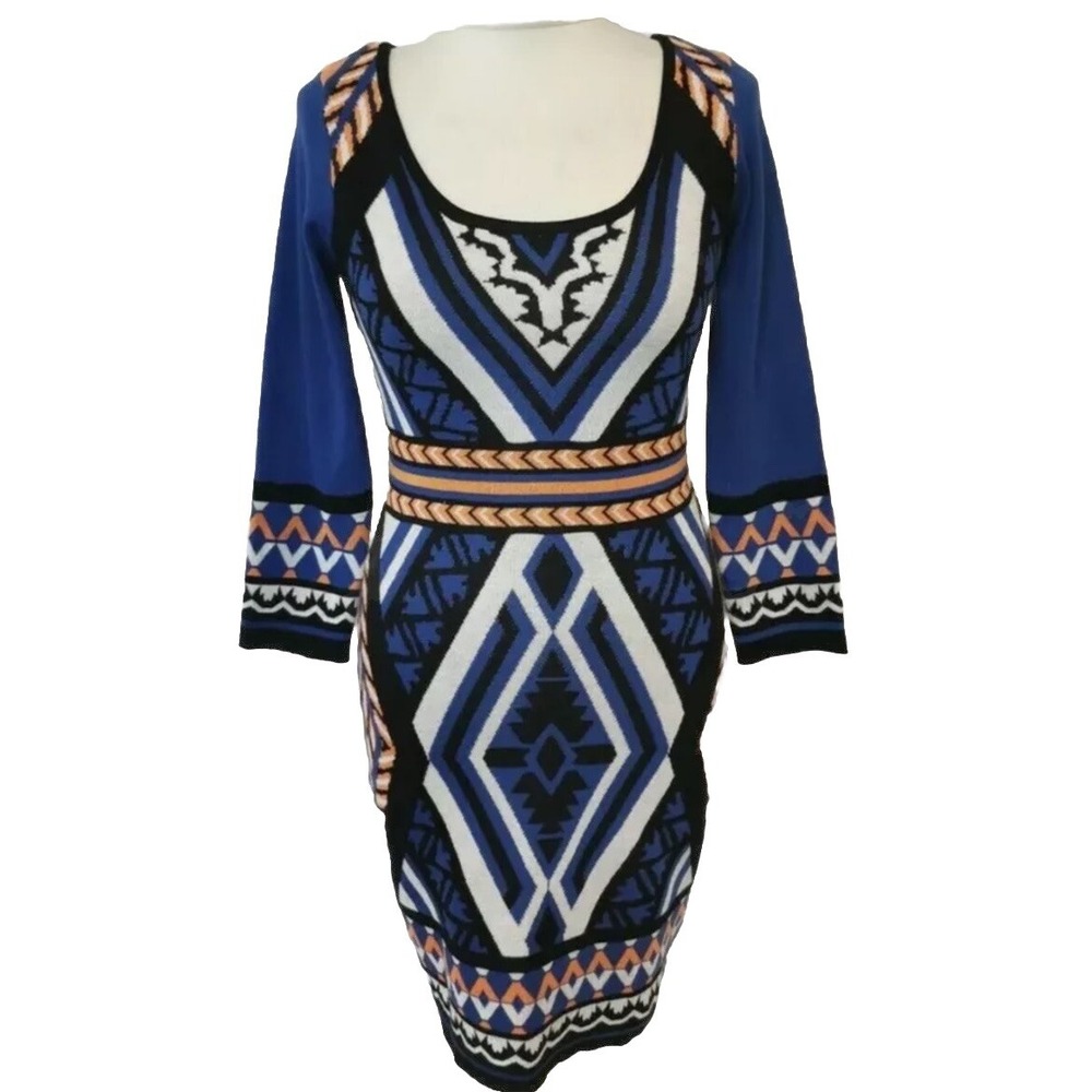 Flying Tomato Dress L Anthropologie Geometric Print Tribal Knit Stretch Bodycon